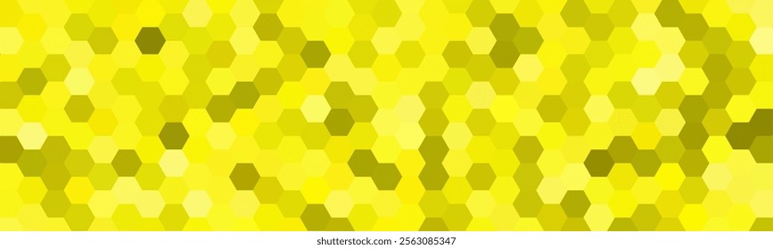 A vibrant abstract image with a honeycomb-like hexagonal pattern in various shades of yellow. The design features a gradient effect, blending light and dark yellow tones to create depth and texture
