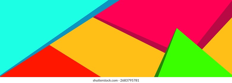 Imagem vibrante e abstrata de formas geométricas planas sobrepostas em ciano, magenta, amarelo, vermelho e verde brilhante.