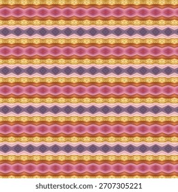Un patrón de caleidoscopio abstracto vibrante con rayas en capas de rosa, oro y violeta, formando una textura de repetición suave con ritmo geométrico.
