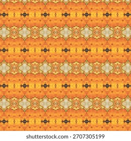 A vibrant abstract kaleidoscope pattern with warm orange tones and organic shapes, forming a rich repeating texture ideal for backgrounds and decorative design.
