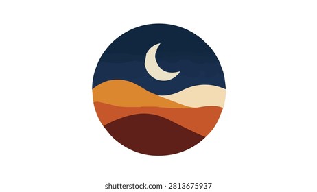 Vibrant abstract landscape artwork showcasing a crescent moon above multicolored rolling hills at night