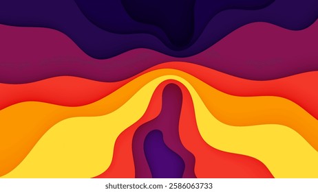 Vibrant abstract landscape with flowing waves in shades of purple, red, orange, and yellow