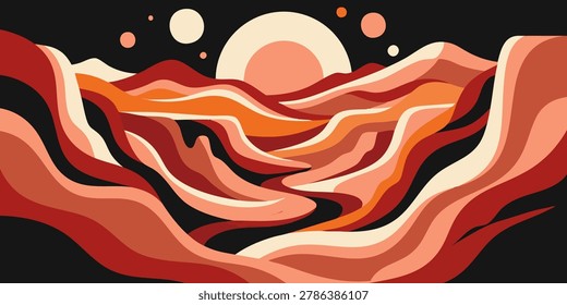 Vibrant abstract landscape illustration of rolling hills at sunset with celestial bodies