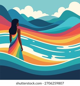 Arte vectorial abstracto vibrante del paisaje que presenta a una mujer en un vestido del arco iris, con las olas coloridas que fluyen y las montañas. Diseño plano, Formas rellenas.