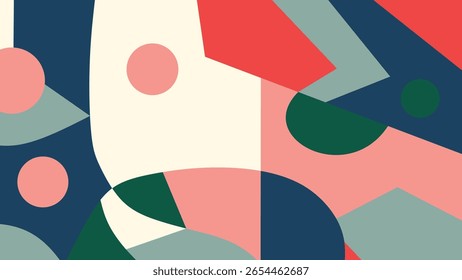Vibrant abstract layout with overlapping shapes and bold circular elements in a harmonious mix of warm and cool tones, perfect for creative use.