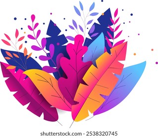 Imagem de folhas abstratas vibrantes com gradientes coloridos, apresentando formas botânicas modernas em tons de rosa, roxo e azul. Ideal para designs contemporâneos inspirados na natureza