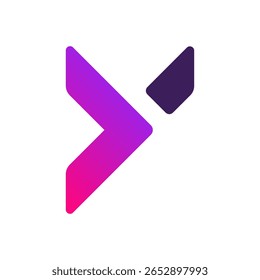 Um elemento em forma de letra 'y' vibrante e abstrata em um gradiente roxo-para-rosa com uma peça de ênfase roxa destacada e mais escura, transmitindo dinamismo e movimento para frente