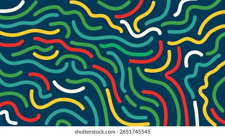 Vibrant abstract lines in green, yellow, red, and white on dark blue, forming playful waves. Ideal for modern, energetic visual projects and dynamic creative use.