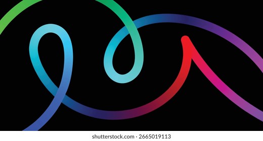 Linhas abstratas vibrantes entrelaçando-se em um fundo preto. Uma imagem dinâmica com linhas coloridas entrelaçadas em vários tons do arco-íris contra um fundo preto sólido.