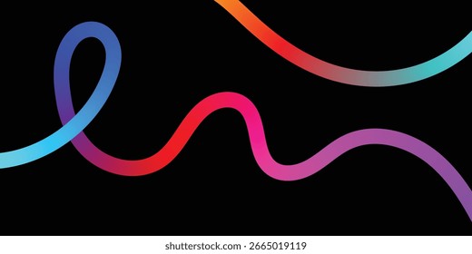 Linhas abstratas vibrantes entrelaçando-se em um fundo preto. Uma imagem dinâmica com linhas coloridas entrelaçadas em vários tons do arco-íris contra um fundo preto sólido.