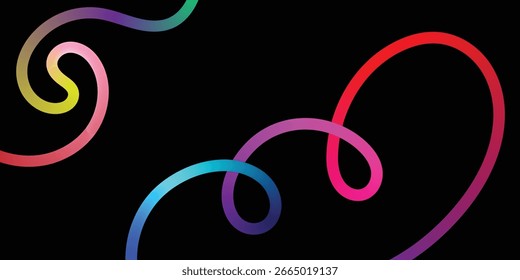 Lebendige abstrakte Linien, die auf schwarzem Hintergrund ineinander greifen. Ein dynamisches Bild mit verwobenen, bunten Linien in verschiedenen Schattierungen des Regenbogens vor einem soliden schwarzen Hintergrund.