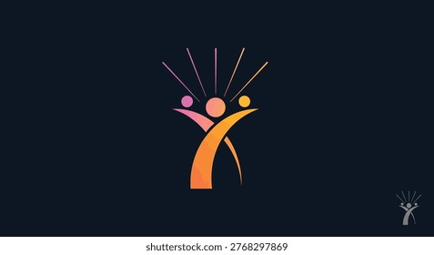 A vibrant, abstract logo depicts stylized human figures with arms raised, symbolizing growth, teamwork, and positive energy.
