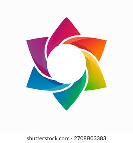 A vibrant, abstract logo featuring a six-pointed star with swirling, rainbow-gradient petals. Perfect for modern branding, apps, or digital media as a symbol of creativity, diversity, and energy.