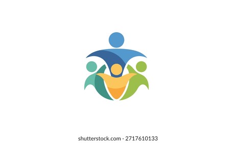 Un logotipo abstracto vibrante con figuras humanas estilizadas en una formación circular, que representa el trabajo en equipo y la comunidad.