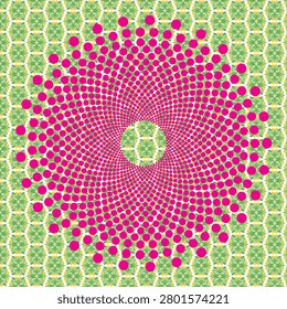 A vibrant abstract mandala of concentric pink dots forming a spiral over a green and yellow geometric patterned background, evoking optical illusion, psychedelic energy and retro pop-art style.