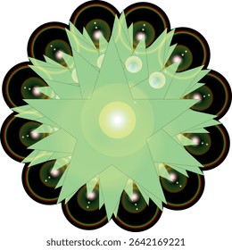 A vibrant abstract mandala with starburst shapes and glowing light effects. This modern digital artwork features symmetrical design, lens flare, and circular patterns perfect for backgrounds.