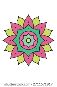 Una vibrante Ilustración vectorial abstracta de mandala con un patrón floral geométrico en tonos rosa, verde y azul. Diseño simétrico limpio, perfecto para las ilustraciones de la meditación, decoración boho