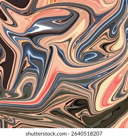 Vibrant abstract marble swirl artwork featuring dynamic waves of peach, black, blue, and coral tones. 