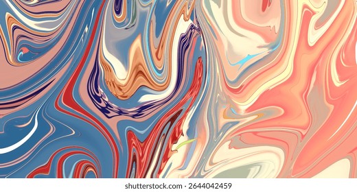 Vibrant abstract marbled pattern in blue, coral, and cream. Eye-catching digital swirl design perfect for backgrounds, prints, or modern visual art pieces.