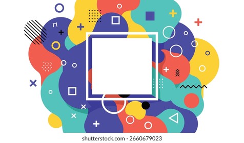 Vibrant abstract memphis style design with geometric shapes and organic fluid forms