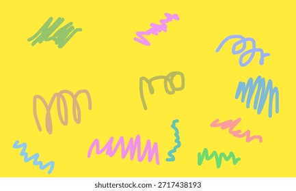 Fondo minimalista abstracto vibrante con garabatos dibujados a mano multicolores y garabatos rizados sobre un fondo amarillo brillante sólido. Este gráfico de diseño plano creativo es ideal para el contenido educativo de los niños, la decoración de la guardería, las tarjetas de felicitación alegres y los Fondos de pantalla artísticos modernos.