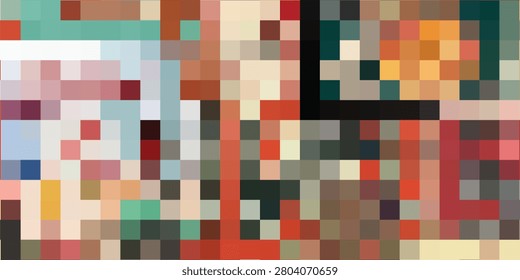 A vibrant abstract mosaic composed of numerous small, colorful squares arranged in a geometric pattern, creating a textured visual effect.