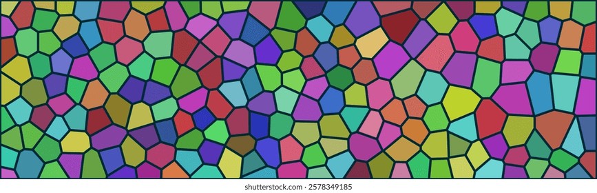A vibrant, abstract mosaic with irregular polygonal shapes in various colors, resembling stained glass. The bold black outlines separate each colorful segment, creating a dynamic, artistic pattern.

