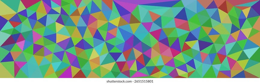 A vibrant abstract mosaic made of overlapping colorful triangles in various shades of green, blue, purple, red, and yellow, creating a dynamic geometric pattern.


