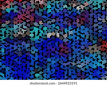 a vibrant, abstract mosaic pattern composed of small, irregular polygons. Dominant colors are various shades of blue and purple, with accents of teal, pink, and hints of red.