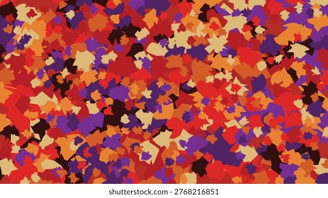 Vibrant abstract mosaic pattern featuring irregular geometric shapes in a rich autumn color palette of red, orange, purple, beige, and brown, creating a dynamic textured background.