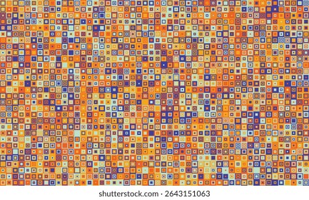 Vibrant abstract mosaic pattern.  Intricate design of tiny squares in warm autumnal hues creates a textured, energetic backdrop perfect for websites, presentations, or textile design.