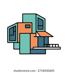 Vibrante edificio de apartamentos abstracto de varios niveles con diseño de bloques de color verde azulado y naranja.