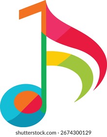 A vibrant and abstract musical note symbol, rendered in a spectrum of bright colors, stands out clearly against a pure white background, symbolizing creativity and sound.