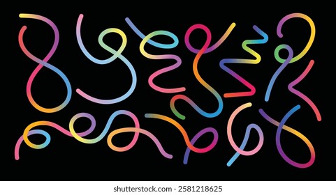 Vibrant abstract neon line art on black background. Colorful wavy shapes in modern digital design for creative projects, backgrounds, posters, and futuristic artwork.