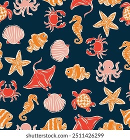 A vibrant abstract ocean deep sea creatures doodles illustration wallpaper background seamless pattern repeat digital print textile fabric vector artwork