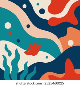 A vibrant and abstract ocean-inspired illustration featuring fluid shapes, calming colors, and organic forms. Perfect for adding a touch of coastal serenity to your design projects.