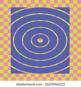 Vibrant abstract optical illusion with concentric circles on bold checkered background in retro pop colors