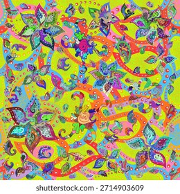 Patrón ornamental abstracto vibrante con coloridos Elementos florales y decorativos sobre un fondo amarillo brillante. Diseño de Vector sin costuras lleno de Formas dinámicas, perfecto para Fondos de pantalla, textiles