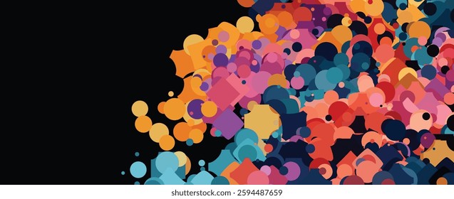 Vibrant Abstract Overlapping Geometric Shapes on Black Background - Colorful Geometric Pattern with Dynamic Flow and Gradient Hues