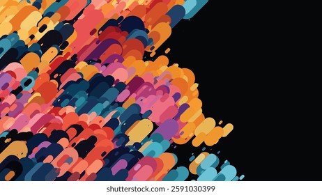 Vibrant Abstract Overlapping Rounded Shapes on Black Background - Colorful Geometric Pattern with Dynamic Flow and Gradient Hues