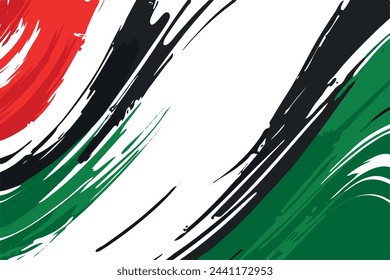 Vibrant abstract painting emulating the United Arab Emirates flag with energetic red, green, white, and black brush strokes