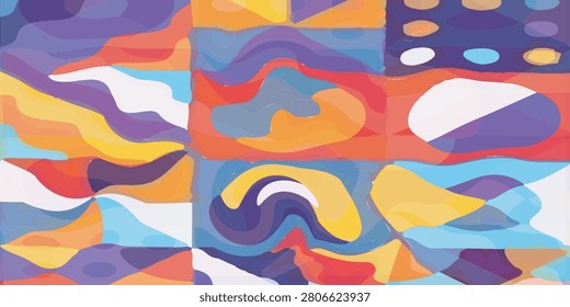 A vibrant abstract painting featuring a dynamic composition of organic shapes and fluid lines in a rich palette of purples, oranges, blues, and yellows, creating a sense of movement and energy.