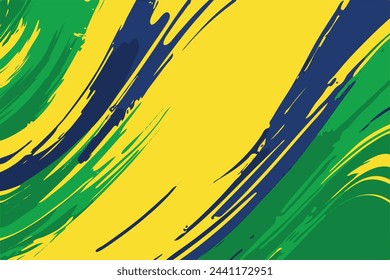 Pintura abstracta vibrante inspirada en la bandera de Brasil, con pinceladas verdes, amarillas y azules