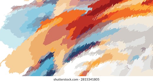 Vibrant abstract painting showcasing dynamic brushstrokes with warm oranges and cool blues, creating a lively visual mood.