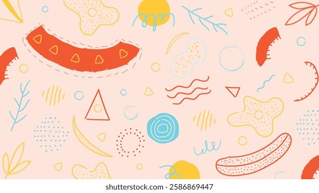 Vibrant abstract pattern background featuring hand-drawn doodles, geometric shapes, and pastel colors. Ideal for creative designs, wallpapers, branding, and digital art with a modern aesthetic.