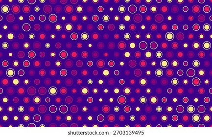 Vibrant abstract pattern of colorful circles on a deep purple background.  Perfect for website backgrounds, textile design, playful branding, or adding a touch of retrochic to any project.