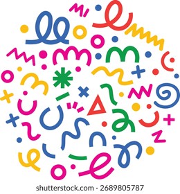Vibrant abstract pattern of colorful hand drawn doodles and shapes in a circular composition