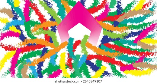 Vibrant abstract pattern with colorful jagged brush strokes and a central magenta pentagon shape. Ideal for creative backgrounds. Colorful, Abstract, Brush, Vibrant, Shape