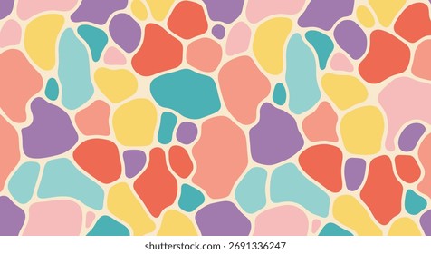 A vibrant abstract pattern composed of irregular organic shapes in a cheerful color palette.