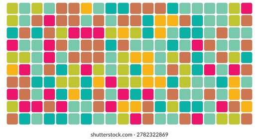 A vibrant and abstract pattern composed of numerous small, uniformly sized squares arranged in a neat grid. The squares are filled with a variety of bright, cheerful colors including pink, teal, yellow, and brown, creating a visually engaging mosaic effect.